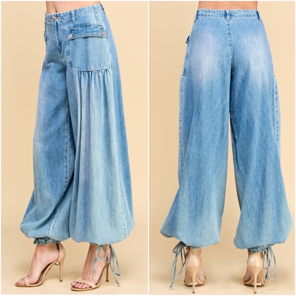 Dark Wash Pocket Wide Leg Ankle 2 way Wide leg Pants - Picture 8 of 8